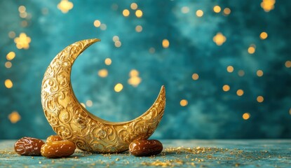 Fototapeta premium Golden crescent moon decoration with dates and shimmering bokeh background for Ramadan celebration and Islamic festival decorations and events