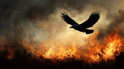 Fototapeta premium Majestic Black Bird Flying Over Fiery Landscape at Dusk