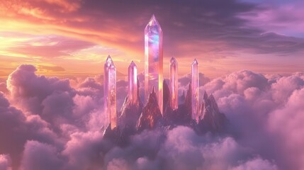 ethereal crystal palace floating among pink clouds, iridescent spires catching sunset light, magical atmosphere