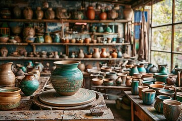 Fototapeta premium A pottery workshop filled with handcrafted ceramic vessels
