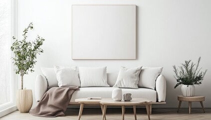 Minimalist Living Room Interior Design: White Sofa, Wooden Coffee Table, and Plants