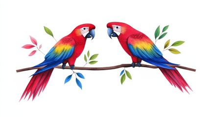 Scarlet Macaws on Branch - Two vibrant scarlet macaws perched on a branch with green leaves, isolated on a white background.  Perfect for nature, wildlife, and tropical themes.