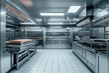 Obraz premium Modern Stainless Steel Commercial Kitchen Interior Design