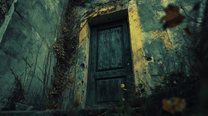 Mysterious Abandoned Door Covered in Vines and Weathered Paint