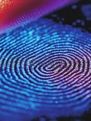 Fingerprint: Close-up shot of a fingerprint illuminated in neon blue, with vibrant red accents, evoking themes of security and identity.