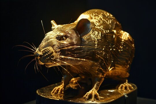 progress of the manufacturing of a rat sculpture from shiny golden filament by 3D-printer in dark surrounding for chinese new year celebration - support underneath object