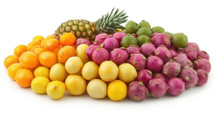 Vibrant Display of Exotic Fruits on White Background for Freshness