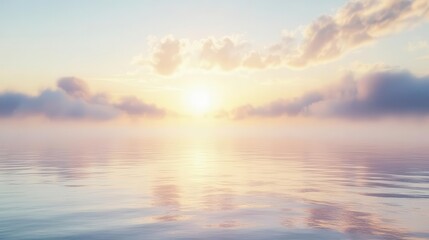 Naklejka premium ethereal seascape with layers of fog rolling over calm waters, soft pastel sunrise breaking through morning mist
