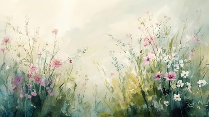 ethereal watercolor garden scene with delicate wildflowers swaying in morning light, soft pastel hues blending into misty background, loose brushstrokes creating dreamy atmosphere