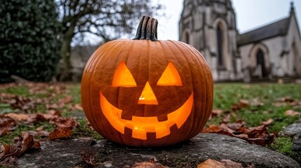 Spooky Halloween Jack O Lantern in Churchyard - Festive Halloween jack-o'-lantern glowing in a church graveyard, symbolizing autumn, spooky fun, harvest, tradition, and the afterlife.