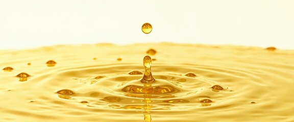 Golden liquid drop creating ripple effect. Close-up macro shot of oil or honey splash with reflections. Abstract fluid motion and texture. Background for design and advertising