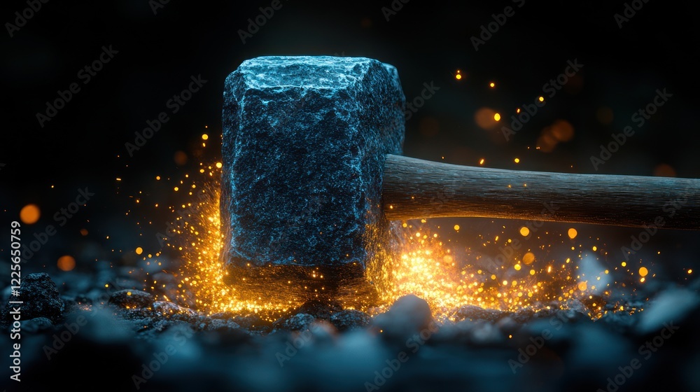 Canvas Prints Hammer striking hot coals, sparks fly, dark background