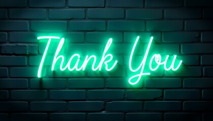 Fototapeta premium Thank You Neon Sign on Brick Wall, Green Thanks, Neon Thank You