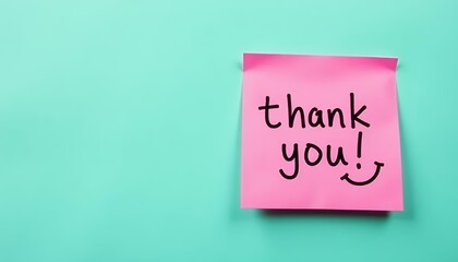 Thank You Note on Pink Sticky, Teal Background, Gratitude Message