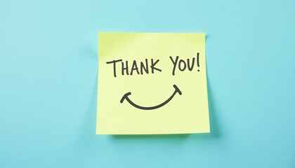 Thank You Note with Smiley Face on Blue Background, 59 Characters