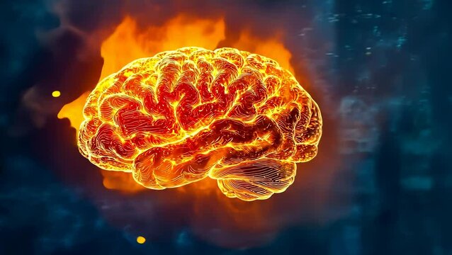 Flaming brain hovering against a dark backdrop. Fiery brain symbolizes intense cognitive activity. Creative vision represented through fiery imagery. Concept of burning passion in thought processes.