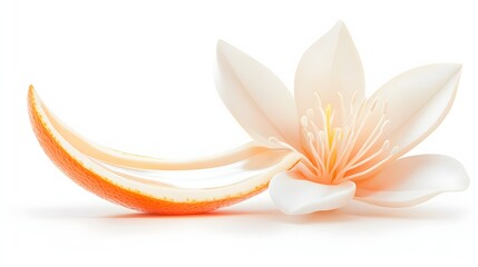 A white flower with a stem and a slice of orange on top of it