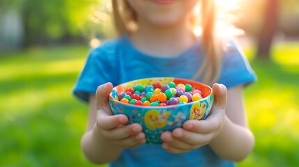 a person holding a colorful bowl filled with multicolored round candies