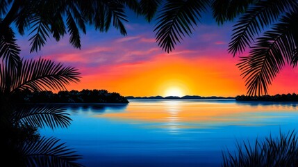 Obraz premium Vibrant Sunset Over Tropical Waters - Serene sunset scene over calm tropical waters, viewed through lush palm fronds. Perfect for travel, vacation, or relaxation themes.