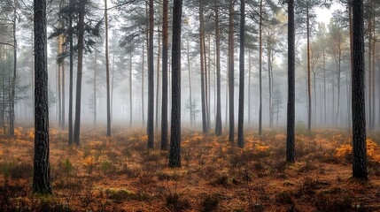 Fototapeta premium Misty Morning in a Pine Forest with Fog and Fallen Needles