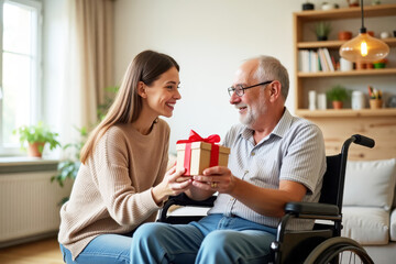 European daughter give a gift to her senior father while sitting in a wheelchair at home, for father's day. They smile and hug happily_