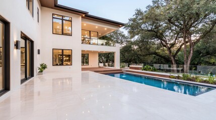 Fototapeta premium Modern luxury villa with a swimming pool and spacious patio deck surrounded by green trees at dusk.