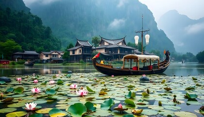 Obraz premium A small town in China, surrounded by green mountains and water with lotus leaves floating on the river surface