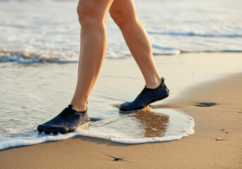 Enjoying a walk along the shore at sunset while wearing water shoes
