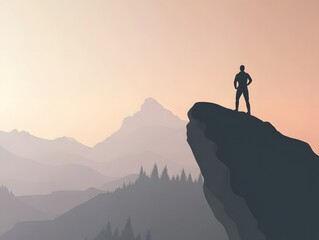 Naklejka premium Silhouette Man Mountaintop Sunrise Viewpoint