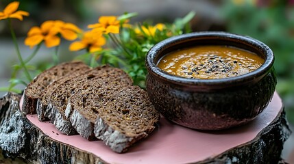 Fototapeta premium Rustic pumpkin soup on a pink board with sliced rye bread and cumin seeds