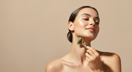 Woman applying a jade roller to her face in a serene skincare routine at home during daytime