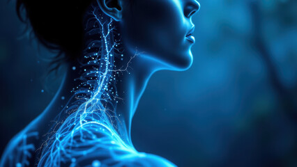 Vagus Nerve Stimulation, Illustration of Human Neck with Neurons and Blue Energy.
