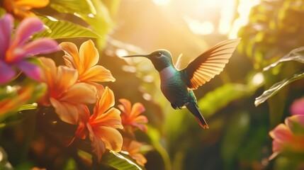 Fototapeta premium iridescent hummingbird mid-flight, capturing rainbow colors in sunlight, hovering near exotic tropical flowers