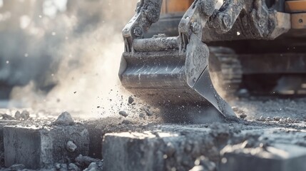 Excavator demolishing pavement, dust and debris