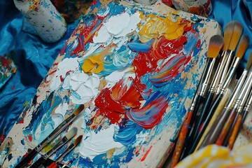 Fototapeta premium Artists Palette with Paint and Brushes Ready for Work