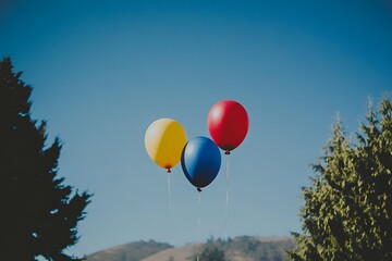 Obraz premium Three Colorful Balloons Floating in Blue Sky
