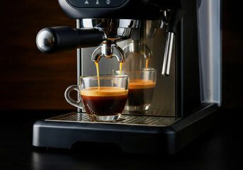 Espresso brewing process captured in a modern kitchen with a sleek coffee machine at work