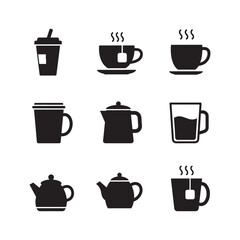 coffee mug tea cup and kettle pot icon collection set silhouette vector flat design element