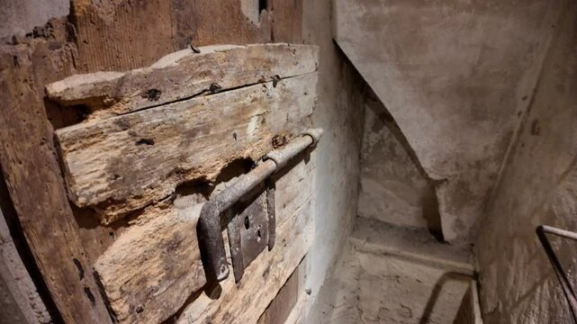 Metal ladder leads down into a dark, subterranean passage within the historic Dozza Castle in Italy, revealing a glimpse into the castle's hidden secrets and ancient past
