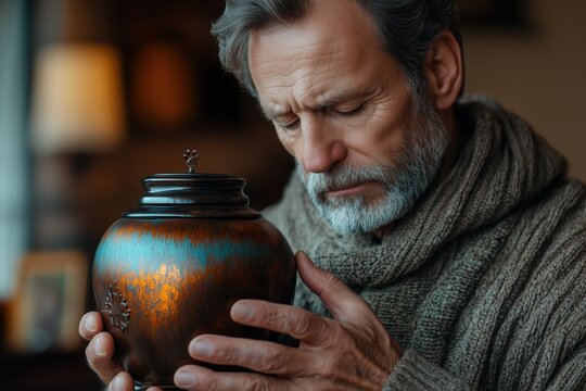 Mature Caucasian man mourns deceased pet while holding ceramic vase with cremated body