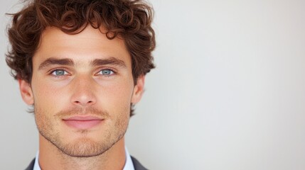 Fototapeta premium Handsome young man with curly brown hair and blue eyes smiles confidently during a studio headshot session.
