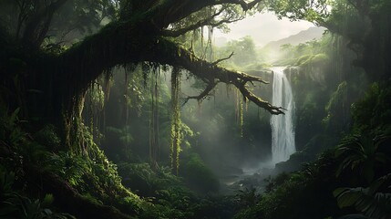 Fototapeta premium A misty rainforest with thick vegetation, hanging vines, and the distant sound of a waterfall