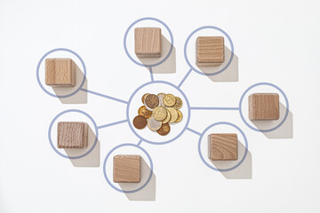 Blocks are arranged in a circular pattern around a cluster of coins, visually representing...