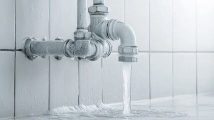 Water flowing from old white faucet, pipes on tiled wall.