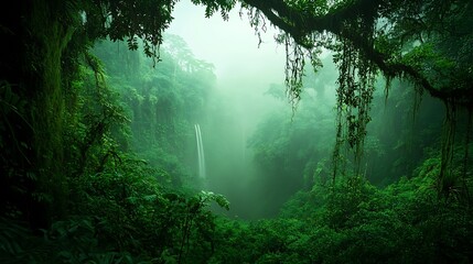 Obraz premium A misty rainforest with thick vegetation, hanging vines, and the distant sound of a waterfall