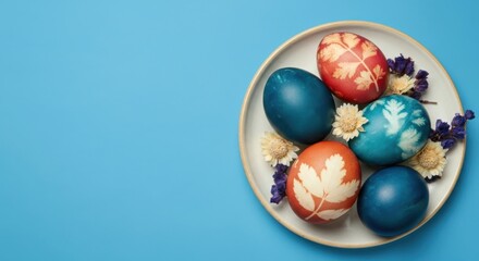 Colorful easter eggs on plate with floral decorations on blue background