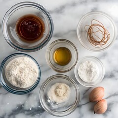Baking Ingredients Overhead Shot: A collection of essential baking ingredients&mdash;flour, sugar, baking powder, eggs, oil, and a mysterious brown liquid&mdash;arranged in small glass bowls on a marble surface.