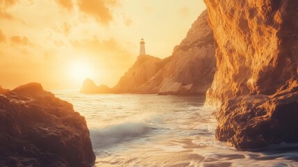 majestic lighthouse perched on rugged cliffs, golden sunset illuminating dramatic ocean waves, ethereal coastal atmosphere