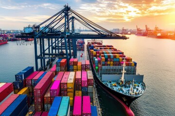 Container Ship Docking at Sunset Global Trade