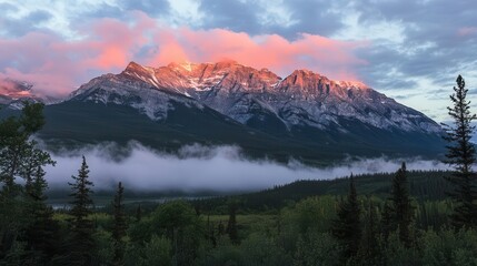 majestic mountain peaks bathed in pink-orange alpenglow, misty valleys below, dramatic cloud formations at dawn